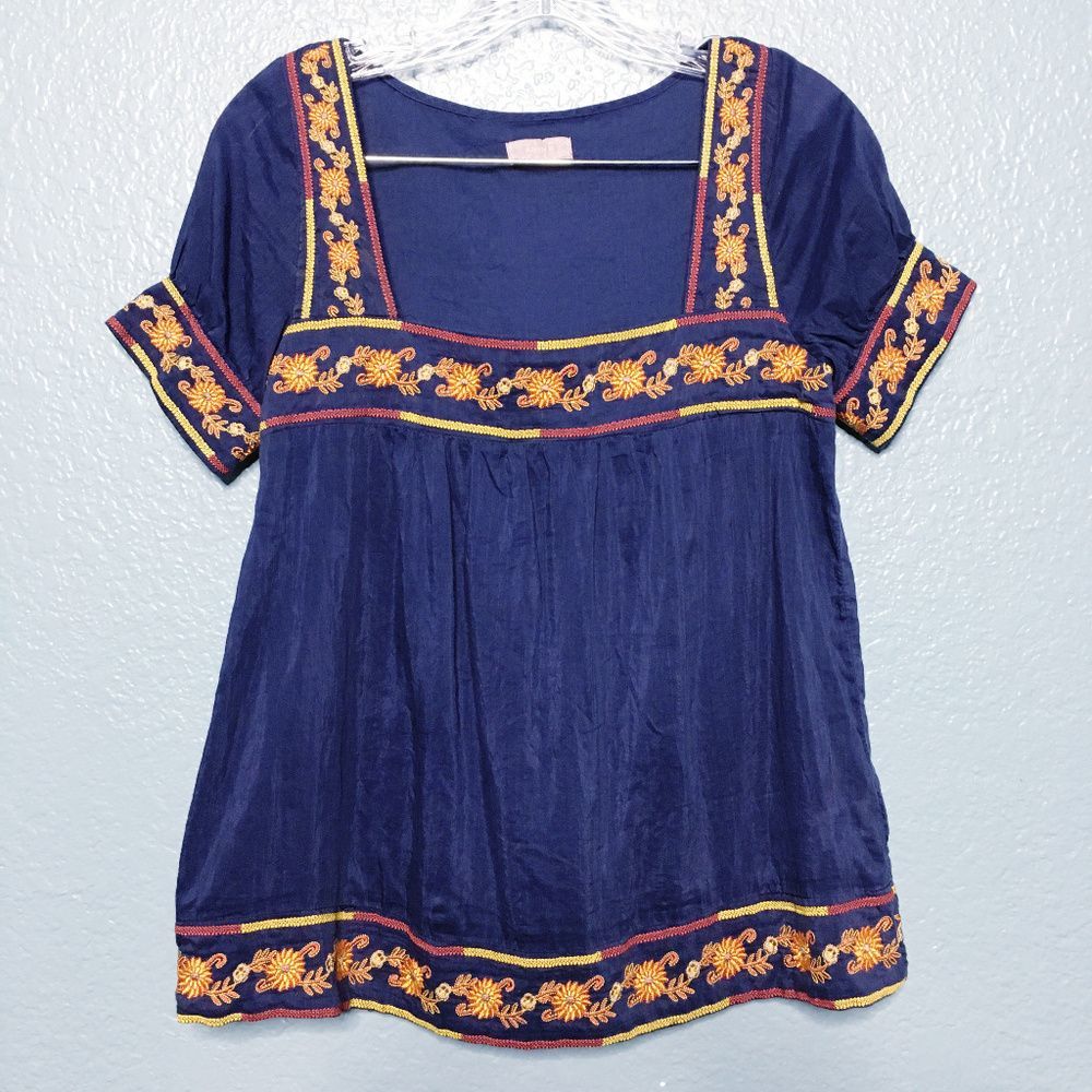 Aryn K Navy Square-Neck Embroidered Boho Top with Gold & Orange Trim